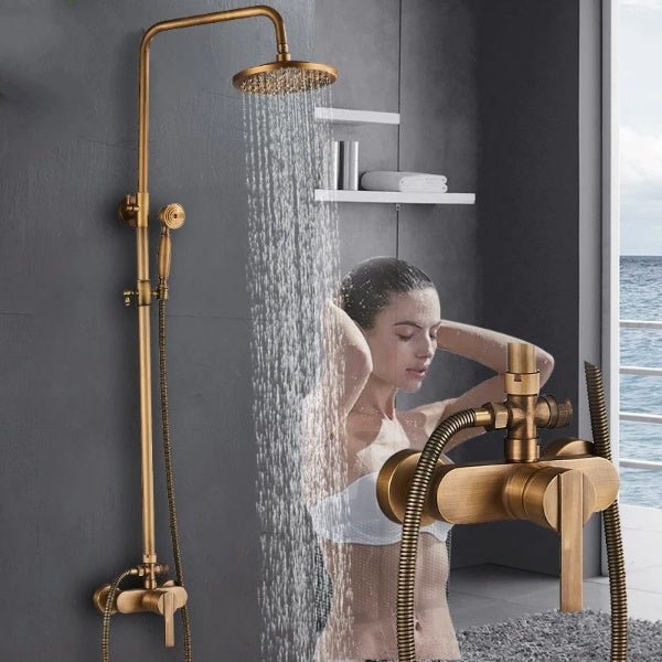 Antique Brass Rainfall Shower Set Wall - Mounted Mixer With Handshower - bathroom, showers, thermostaticBathroomLux