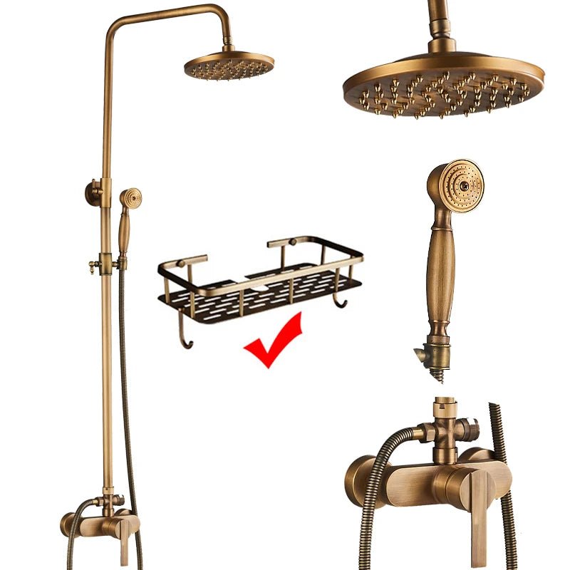 Antique Brass Rainfall Shower Set Wall - Mounted Mixer With Handshower - bathroom, showers, thermostaticBathroomLux