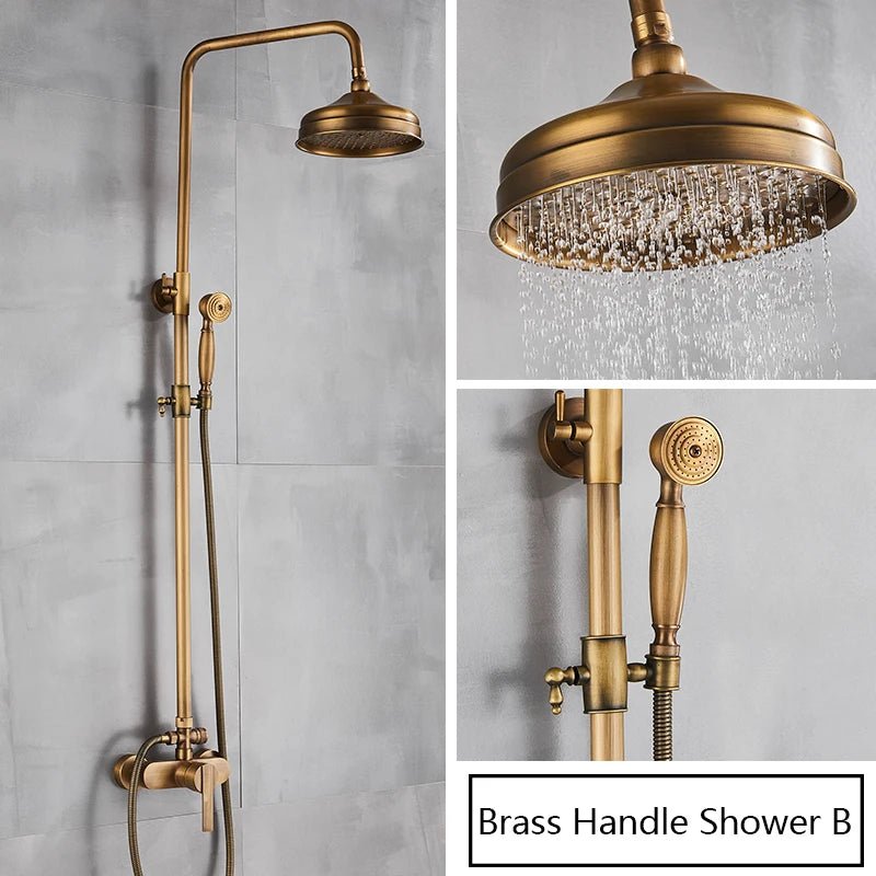 Antique Brass Rainfall Shower Set Wall - Mounted Mixer With Handshower - bathroom, showers, thermostaticBathroomLux