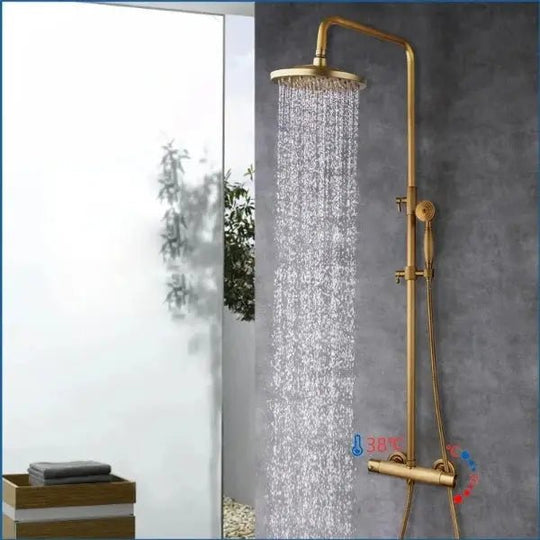 Antique Brass Thermostatic Rainfall Shower Set with Mixer Tap - Shower ColumnsBathroomLux