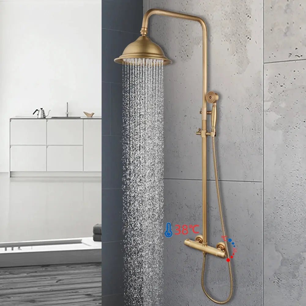 Antique Brass Thermostatic Rainfall Shower Set with Mixer Tap - Shower ColumnsBathroomLux