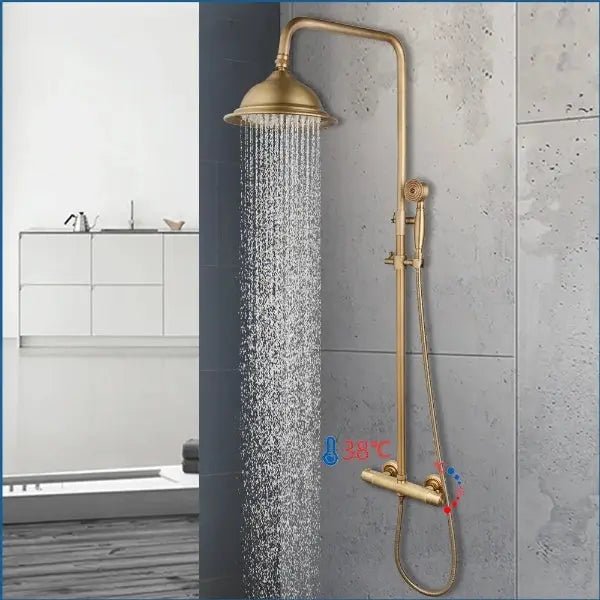 Antique Brass Thermostatic Rainfall Shower Set with Mixer Tap - Shower ColumnsBathroomLux