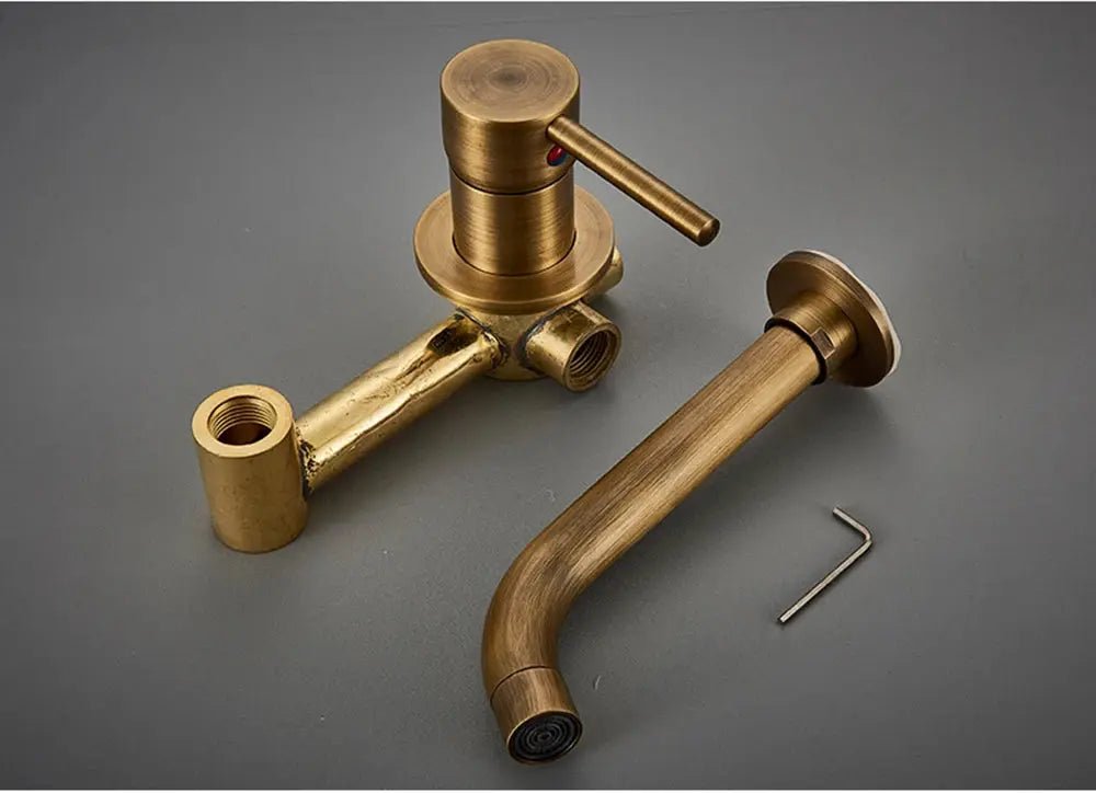 Antique Brass Wall Mount Faucet Single Handle Mixer for Basin Sink - Gold Wall - Mounted Basin Mixer TapBathroomLux