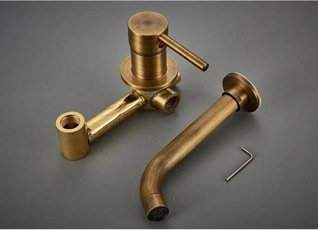 Antique Brass Wall Mount Faucet Single Handle Mixer for Basin Sink - Gold Wall - Mounted Basin Mixer TapBathroomLux