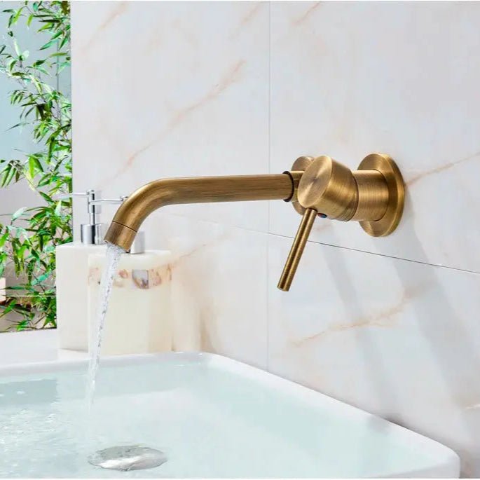 Antique Brass Wall Mount Faucet Single Handle Mixer for Basin Sink - Gold Wall - Mounted Basin Mixer TapBathroomLux