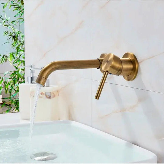 Antique Brass Wall Mount Faucet Single Handle Mixer for Basin Sink - Gold Wall - Mounted Basin Mixer TapBathroomLux