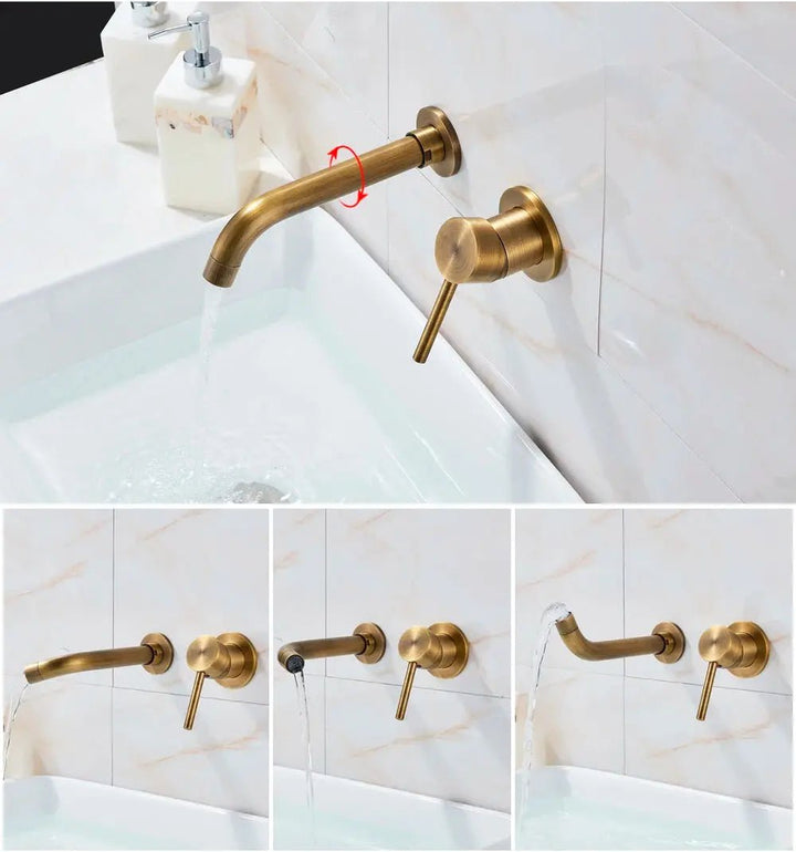 Antique Brass Wall Mount Faucet Single Handle Mixer for Basin Sink - Gold Wall - Mounted Basin Mixer TapBathroomLux