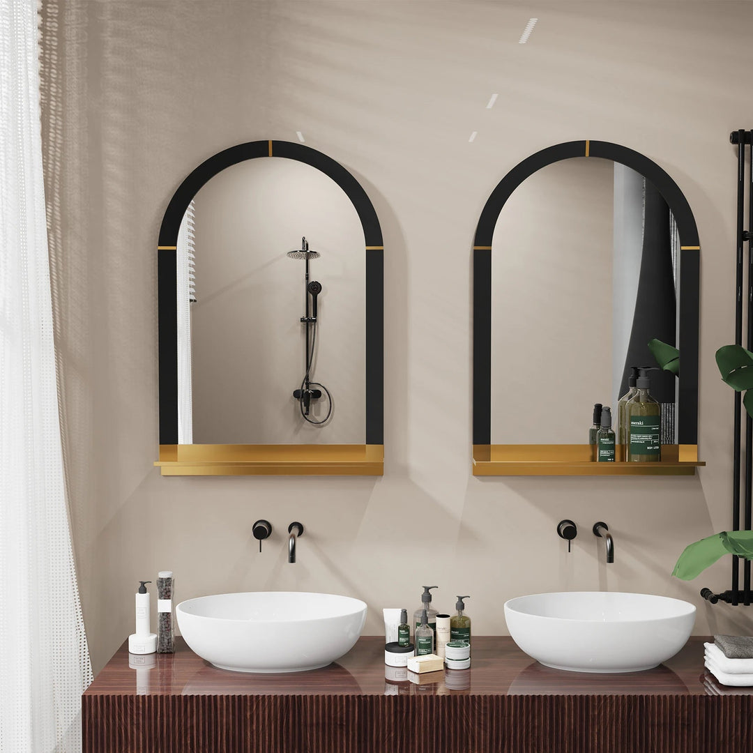 Arched Wall Mirror With Shelf Metal Framed Decorative For Bathroom Vanity - Bathroom Arch MirrorBathroomLux