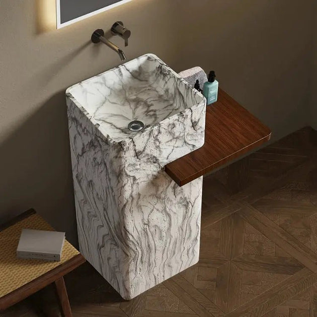 Artificial Stone Pedestal Sink – Square White Marble Pattern Basin with Integrated Shelf - Pedestal SinksBathroomLux