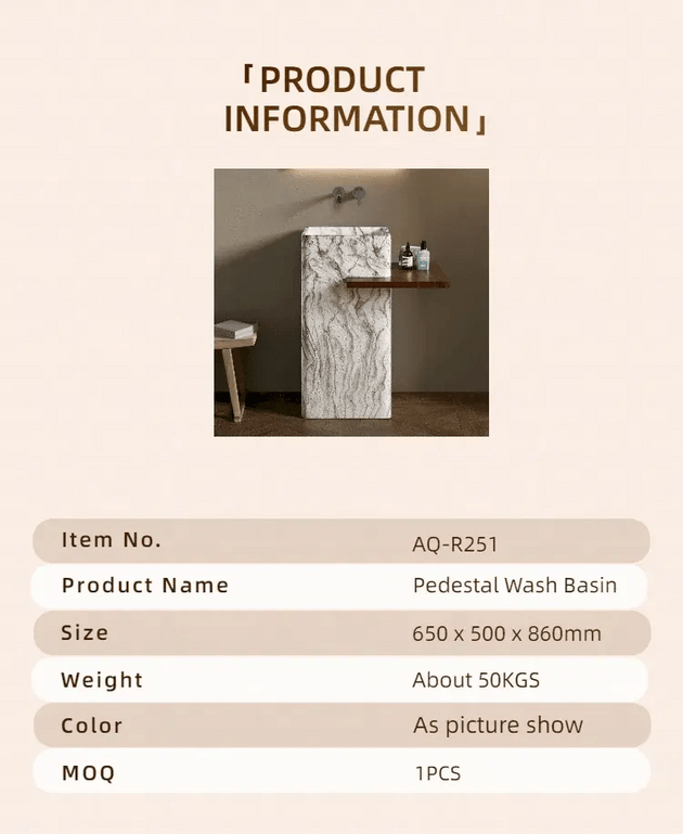Artificial Stone Pedestal Sink – Square White Marble Pattern Basin with Integrated Shelf - Pedestal SinksBathroomLux