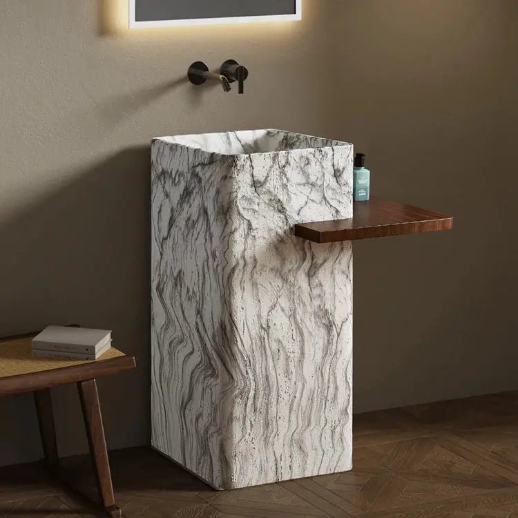 Artificial Stone Pedestal Sink – Square White Marble Pattern Basin with Integrated Shelf - Pedestal SinksBathroomLux