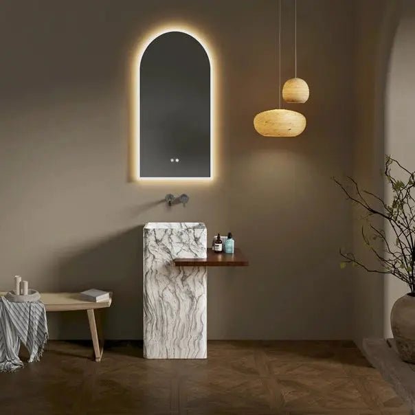 Artificial Stone Pedestal Sink – Square White Marble Pattern Basin with Integrated Shelf - Pedestal SinksBathroomLux