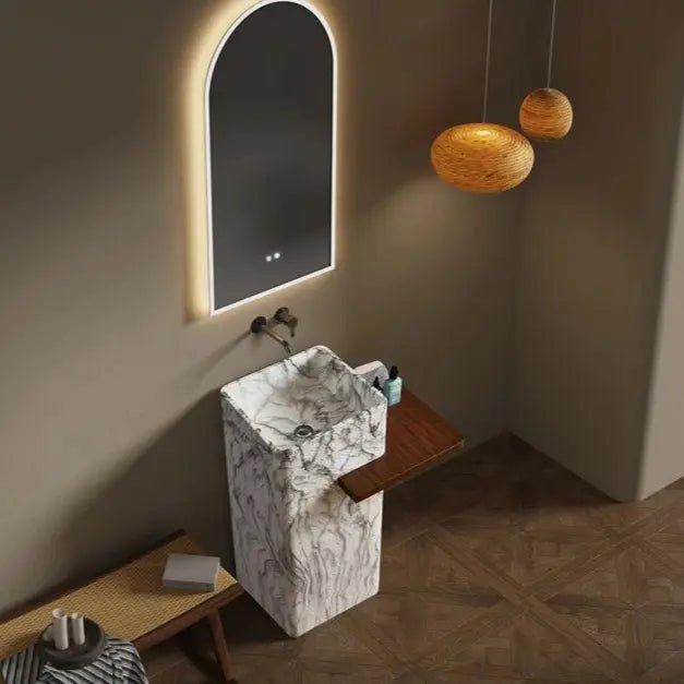 Artificial Stone Pedestal Sink – Square White Marble Pattern Basin with Integrated Shelf - Pedestal SinksBathroomLux