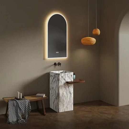 Artificial Stone Pedestal Sink – Square White Marble Pattern Basin with Integrated Shelf - Pedestal SinksBathroomLux