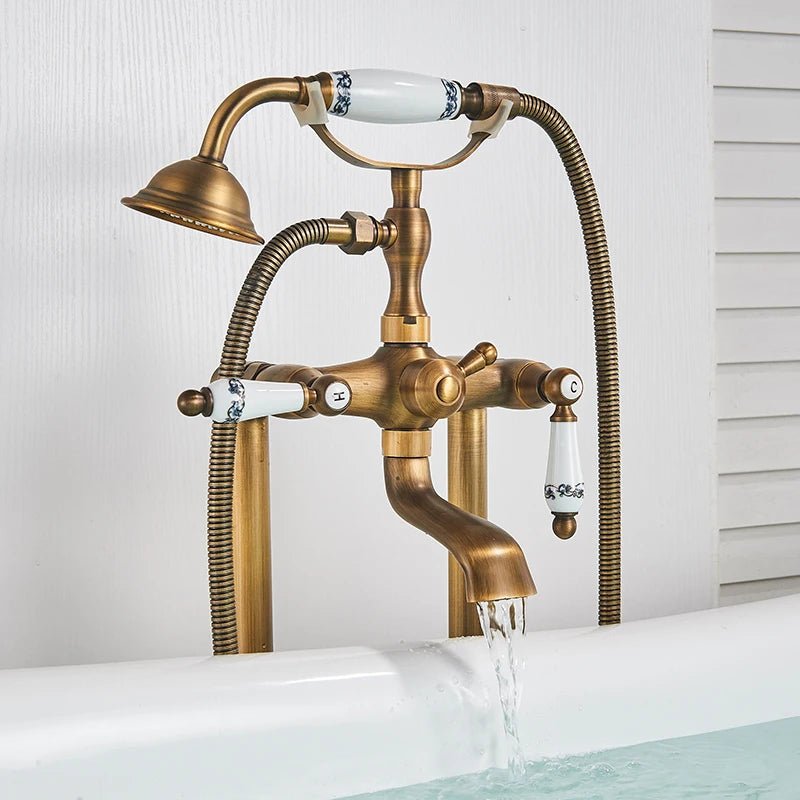 Bathroom Freestanding Bathtub Faucet with Hand Shower Rotate Spout In Antique - Freestanding bathtubBathroomLux