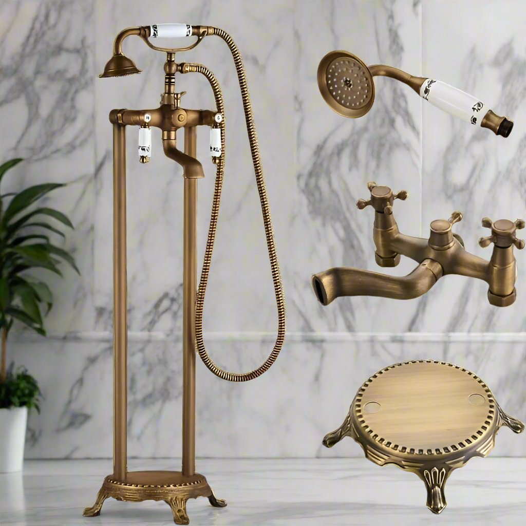 Bathroom Freestanding Bathtub Faucet with Hand Shower Rotate Spout In Antique - Freestanding bathtubBathroomLux