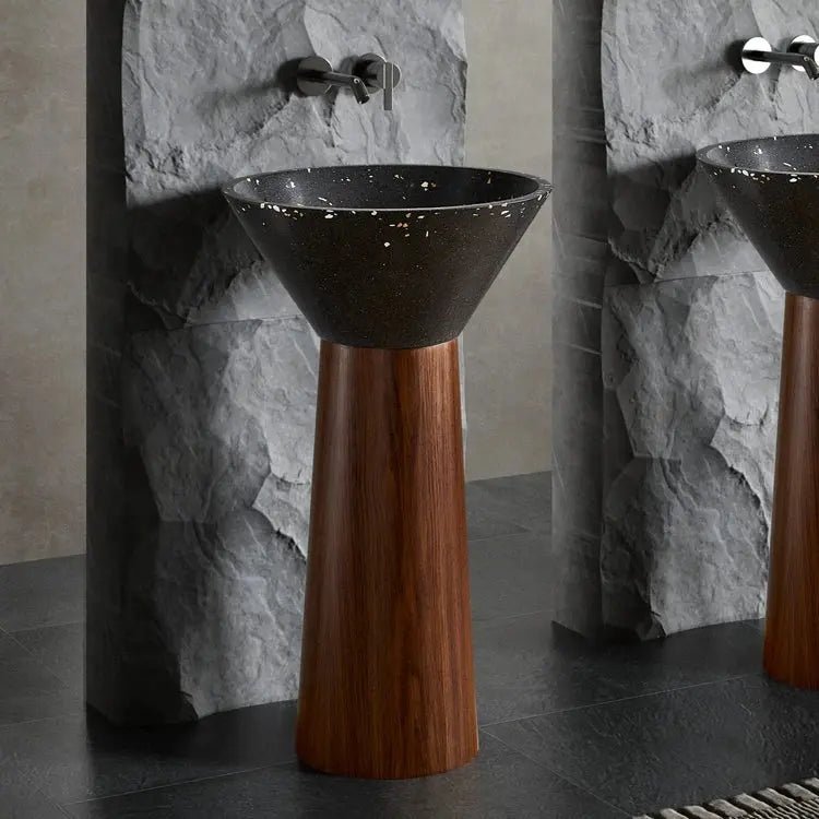 Black Artificial Stone Wash Basin with Wood Grain Stainless Steel Pedestal - Designer pedestal sink for bathroomBathroomLux