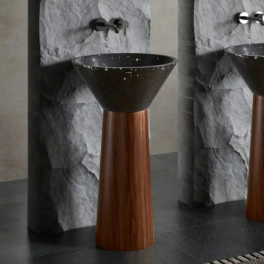 Black Artificial Stone Wash Basin with Wood Grain Stainless Steel Pedestal - Designer pedestal sink for bathroomBathroomLux