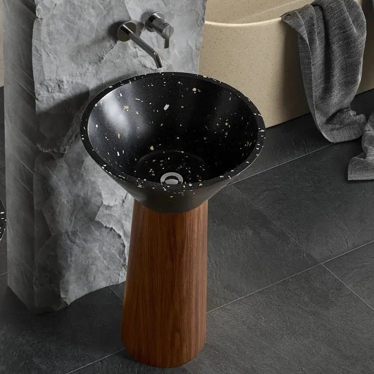 Black Artificial Stone Wash Basin with Wood Grain Stainless Steel Pedestal - Designer pedestal sink for bathroomBathroomLux