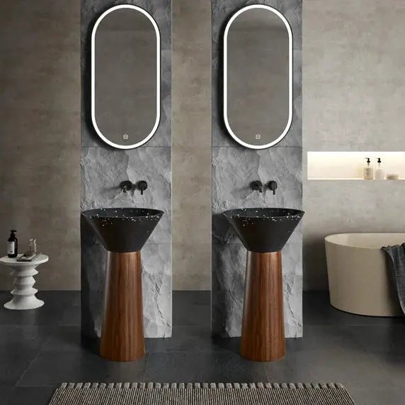 Black Artificial Stone Wash Basin with Wood Grain Stainless Steel Pedestal - Designer pedestal sink for bathroomBathroomLux