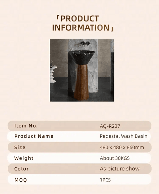 Black Artificial Stone Wash Basin with Wood Grain Stainless Steel Pedestal - Designer pedestal sink for bathroomBathroomLux