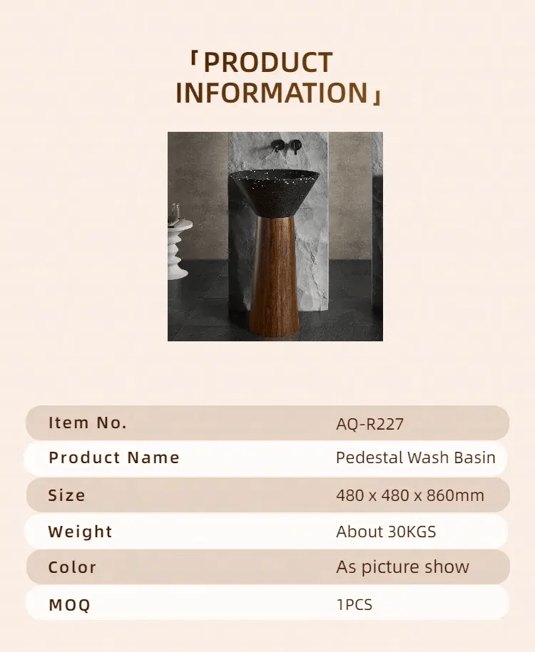 Black Artificial Stone Wash Basin with Wood Grain Stainless Steel Pedestal - Designer pedestal sink for bathroomBathroomLux