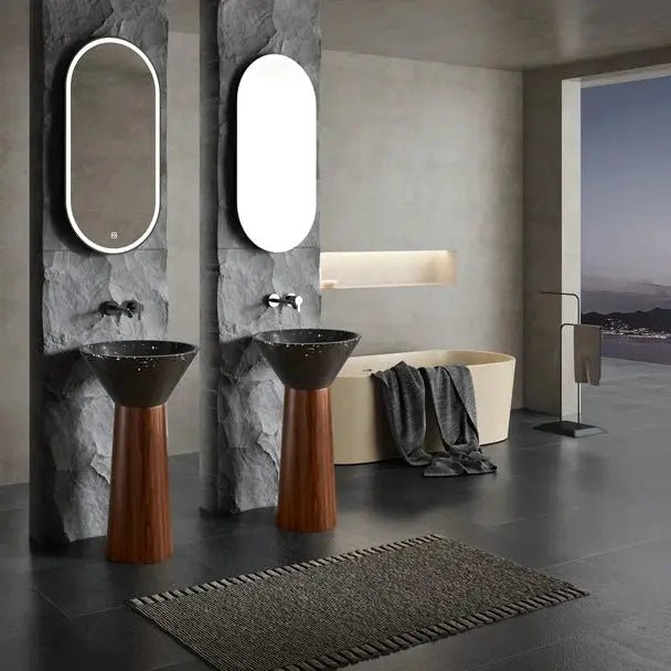 Black Artificial Stone Wash Basin with Wood Grain Stainless Steel Pedestal - Designer pedestal sink for bathroomBathroomLux