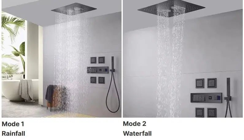 Black Ceiling - Mounted Thermostatic Shower System with Rain & Body Jets - recessed shower head with lightBathroomLux