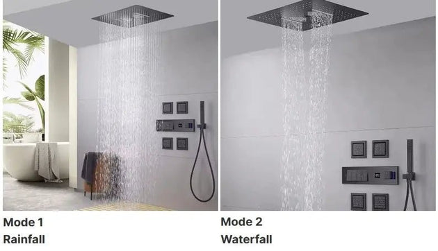 Black Ceiling - Mounted Thermostatic Shower System with Rain & Body Jets - recessed shower head with lightBathroomLux