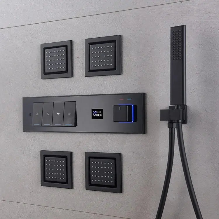 Black Ceiling - Mounted Thermostatic Shower System with Rain & Body Jets - recessed shower head with lightBathroomLux