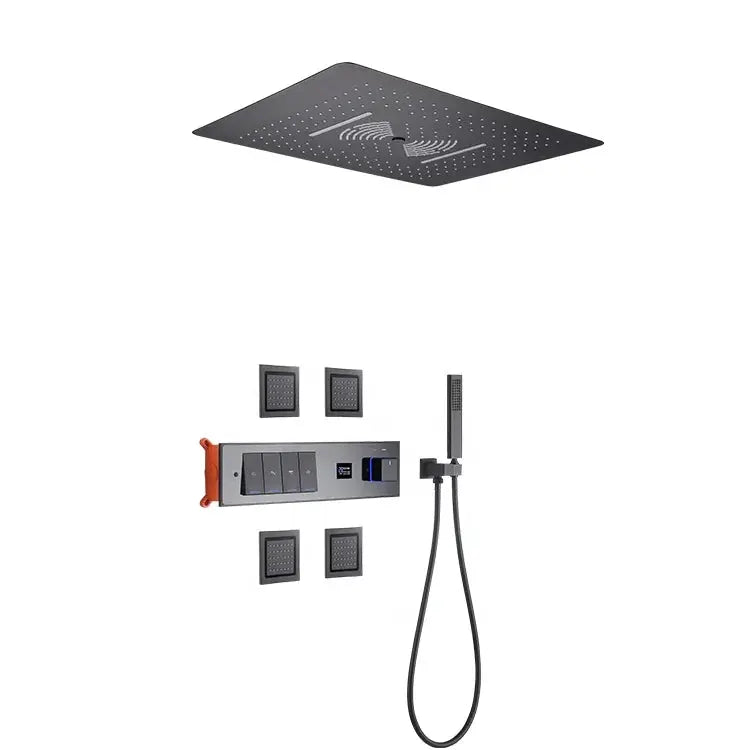 Black Ceiling - Mounted Thermostatic Shower System with Rain & Body Jets - recessed shower head with lightBathroomLux
