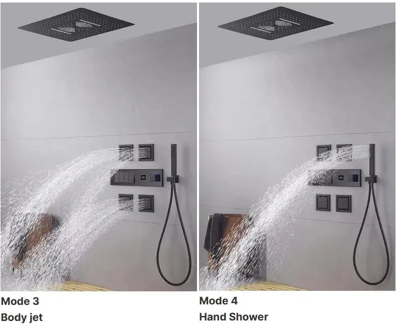 Black Ceiling - Mounted Thermostatic Shower System with Rain & Body Jets - recessed shower head with lightBathroomLux