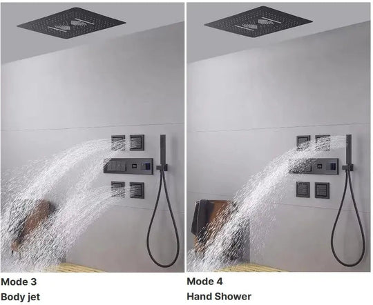 Black Ceiling - Mounted Thermostatic Shower System with Rain & Body Jets - recessed shower head with lightBathroomLux
