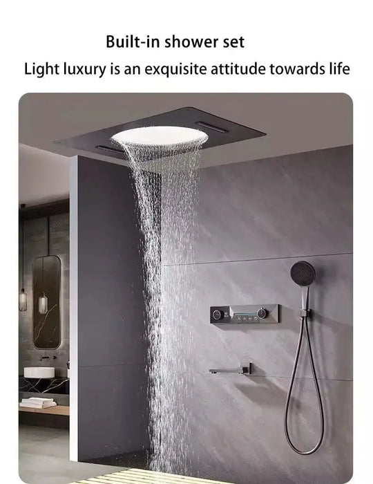 Black Ceiling Rainfall & Waterfall Thermostatic Shower Set - Luxury Black Ceiling RainfallBathroomLux