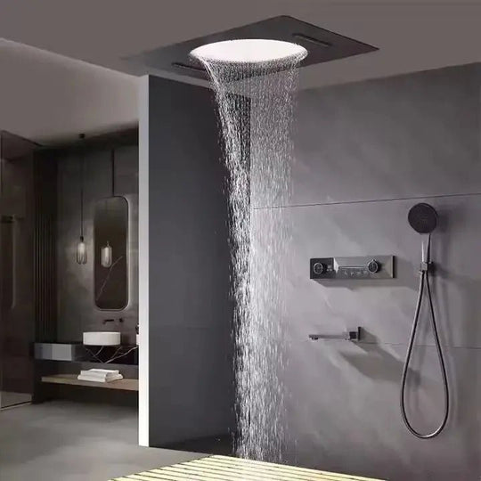 Black Ceiling Rainfall & Waterfall Thermostatic Shower Set - Luxury Black Ceiling RainfallBathroomLux