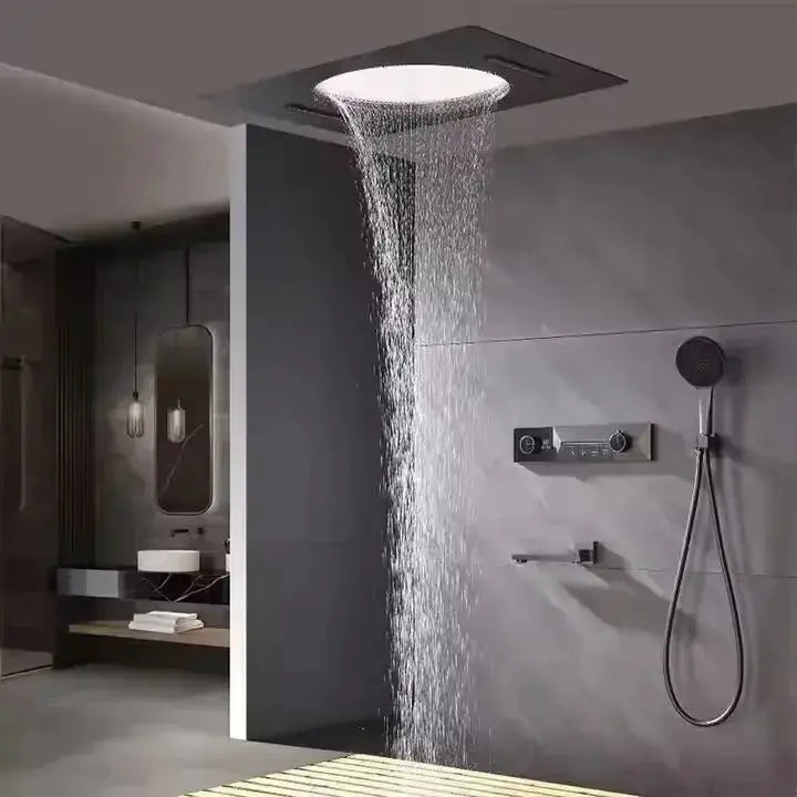 Black Ceiling Rainfall & Waterfall Thermostatic Shower Set - Luxury Black Ceiling RainfallBathroomLux