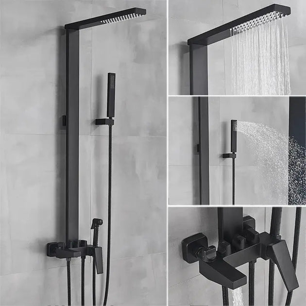 Black Rainfall Shower System Wall - Mount Faucet Kit with Bidet - BathroomLux