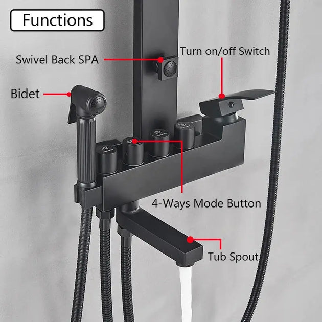 Black Rainfall Shower System Wall - Mount Faucet Kit with Bidet - BathroomLux