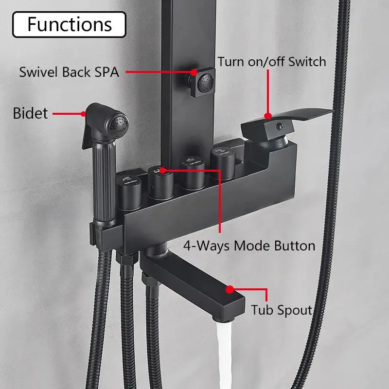 Black Rainfall Shower System Wall - Mount Faucet Kit with Bidet - BathroomLux