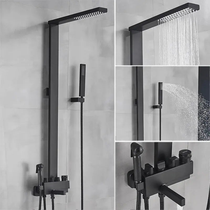 Black Rainfall Shower System Wall - Mount Faucet Kit with Bidet - BathroomLux