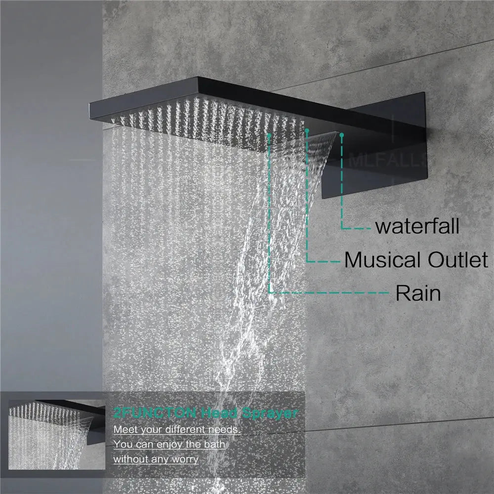 Black Rainfall Waterfall Shower System – Thermostatic 3 Mode - rainfall shower system with handheldBathroomLux