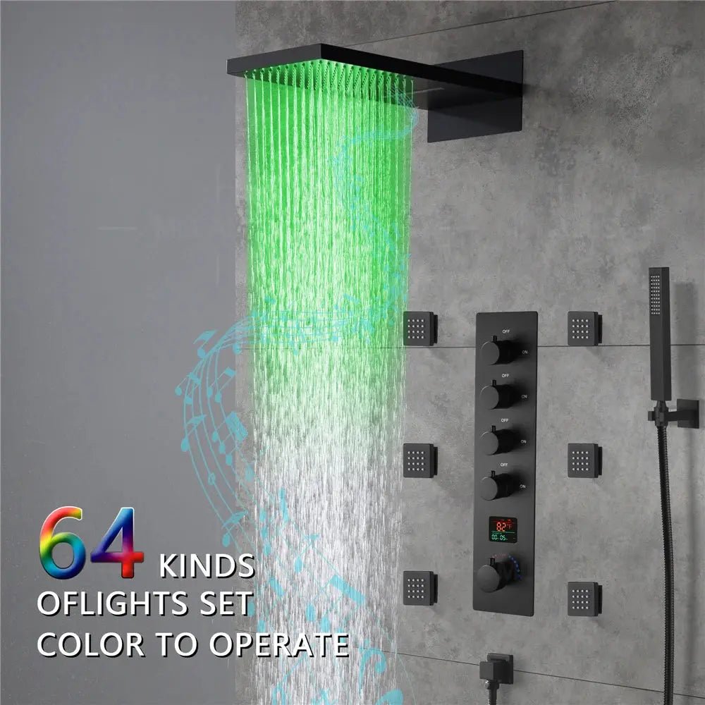 Black Rainfall Waterfall Shower System – Thermostatic 3 Mode - rainfall shower system with handheldBathroomLux