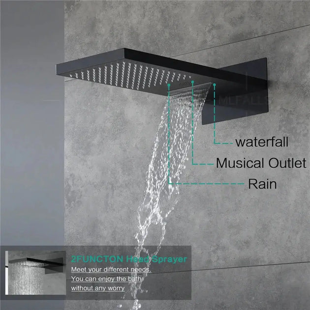 Black Rainfall Waterfall Shower System – Thermostatic 3 Mode - rainfall shower system with handheldBathroomLux