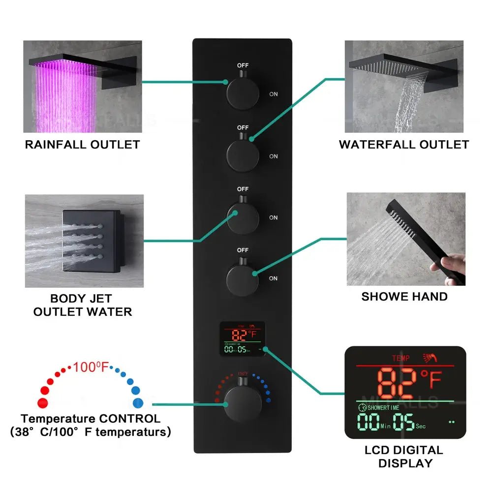 Black Rainfall Waterfall Shower System – Thermostatic 3 Mode - rainfall shower system with handheldBathroomLux