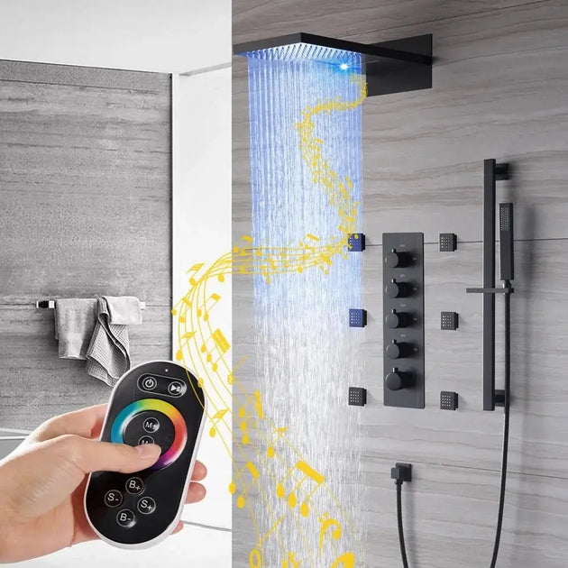 Black Thermostatic LED Shower System – 4 Function with Body Jets - Black Thermostatic LED Shower SystemBathroomLux
