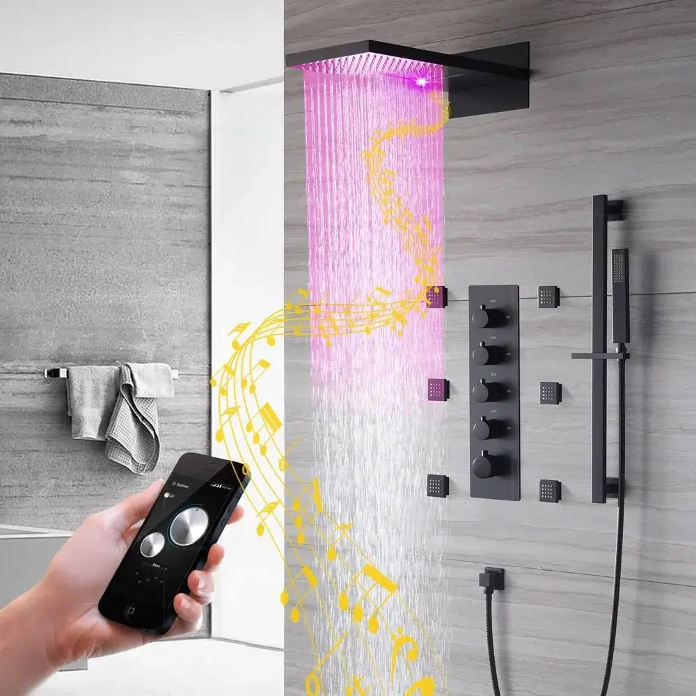 Black Thermostatic LED Shower System – 4 Function with Body Jets - Black Thermostatic LED Shower SystemBathroomLux