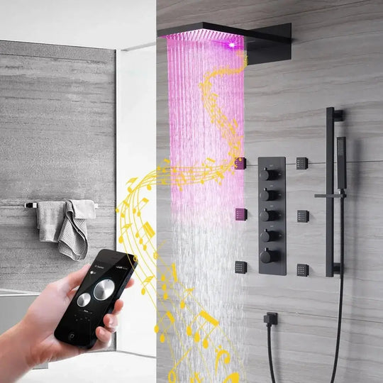 Black Thermostatic LED Shower System – 4 Function with Body Jets - Black Thermostatic LED Shower SystemBathroomLux