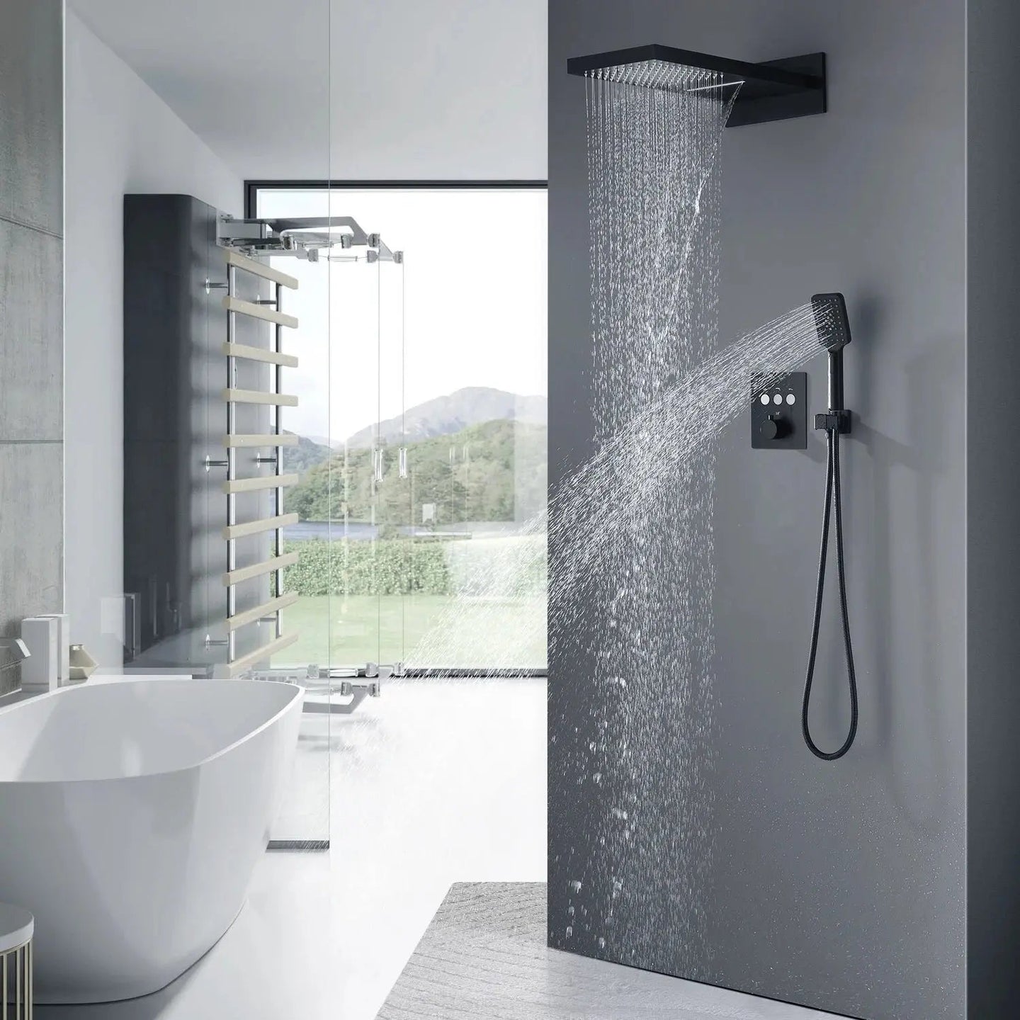 Black Thermostatic Waterfall Shower Set 3 - Way with Hand Shower - Thermostatic Rainfall Shower SystemBathroomLux