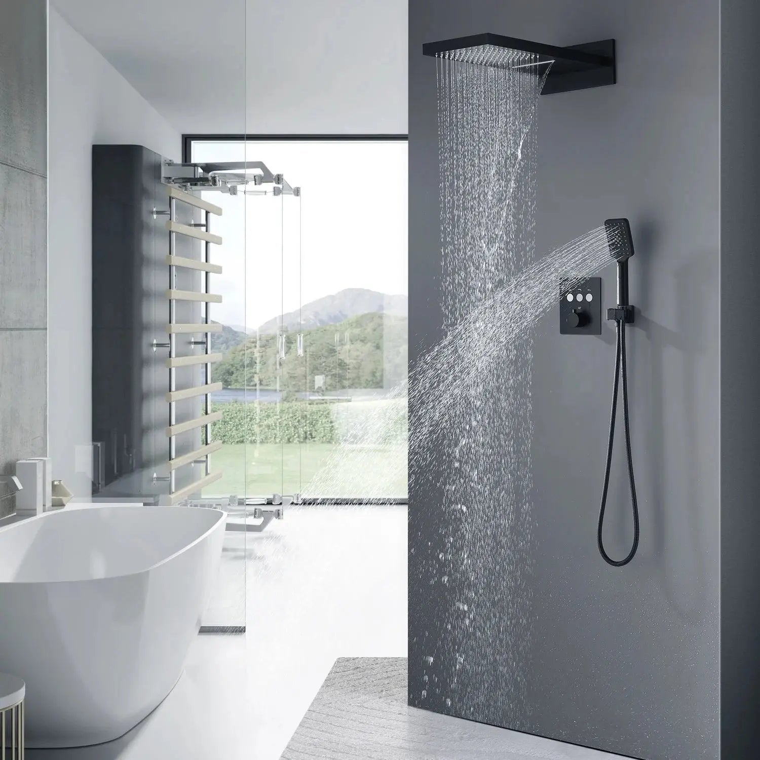 Black Thermostatic Waterfall Shower Set 3 - Way with Hand Shower - Thermostatic Rainfall Shower SystemBathroomLux
