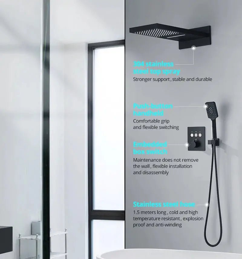 Black Thermostatic Waterfall Shower Set 3 - Way with Hand Shower - Thermostatic Rainfall Shower SystemBathroomLux
